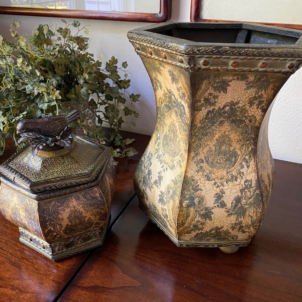 Vase and matching piece with ornate lid
